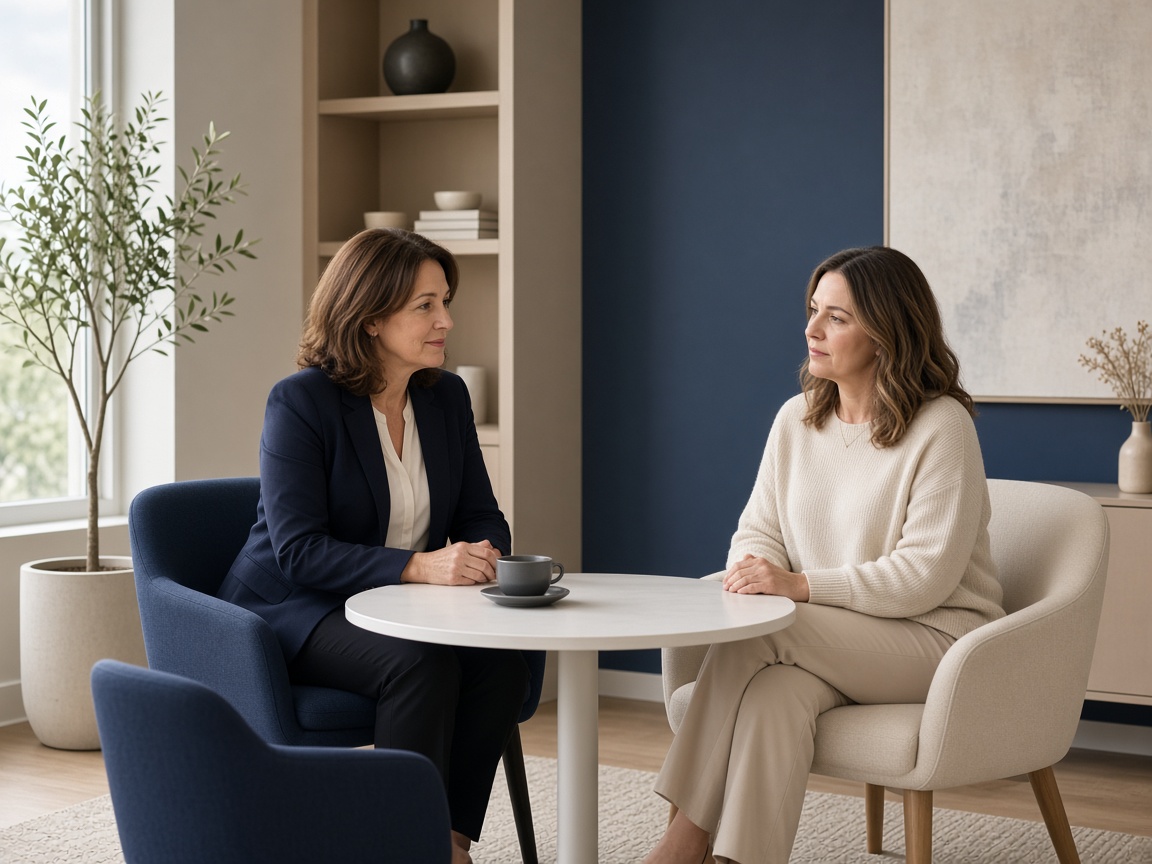 A clinician speaking with a patient in a quiet room